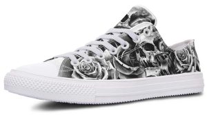 Black & White Skull and Rose Pattern Low-Top Sneakers
